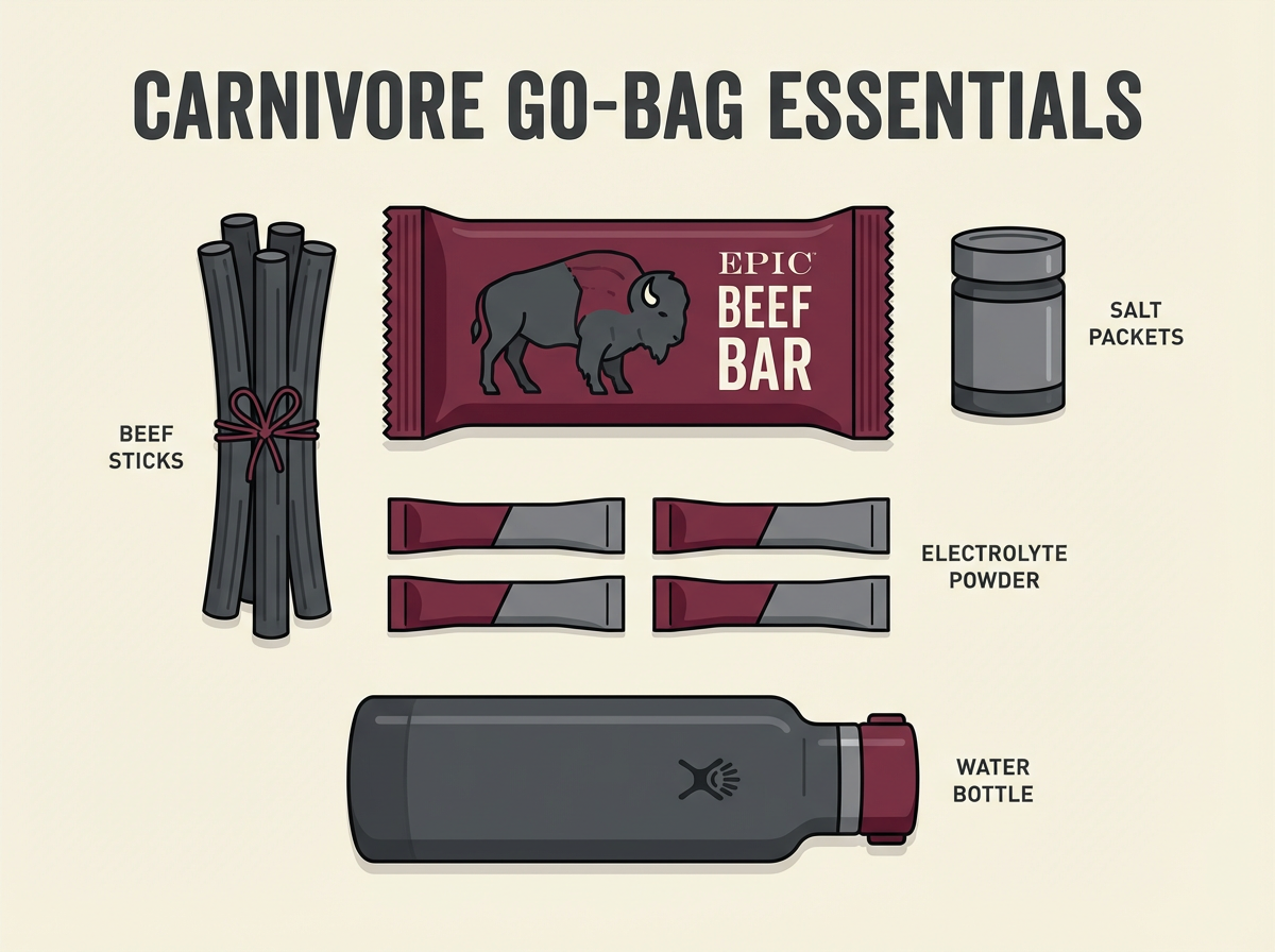 Carnivore diet travel essentials including beef sticks, Epic bars, salt packets, and electrolyte powder