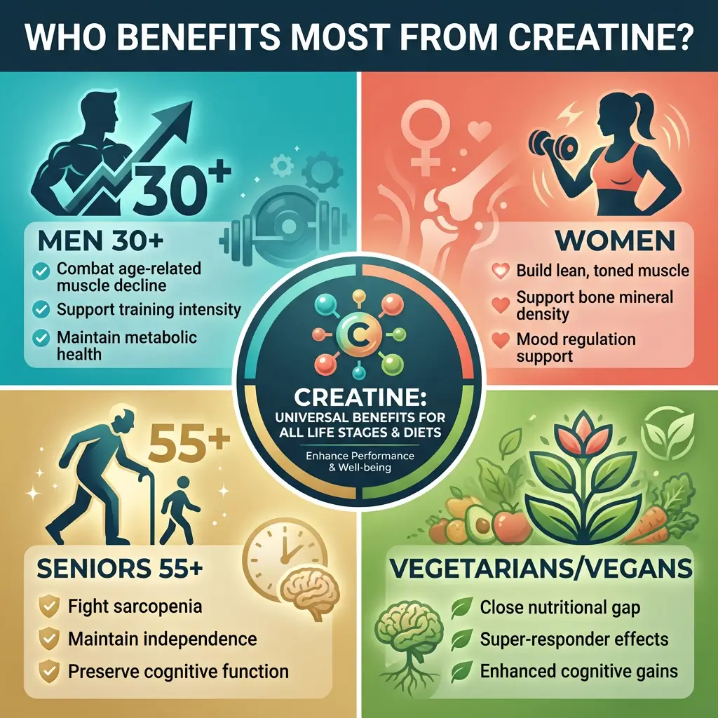 Four-quadrant comparison chart showing creatine benefits for men over 30, women, seniors over 55, and vegetarians or vegans with specific advantages for each group