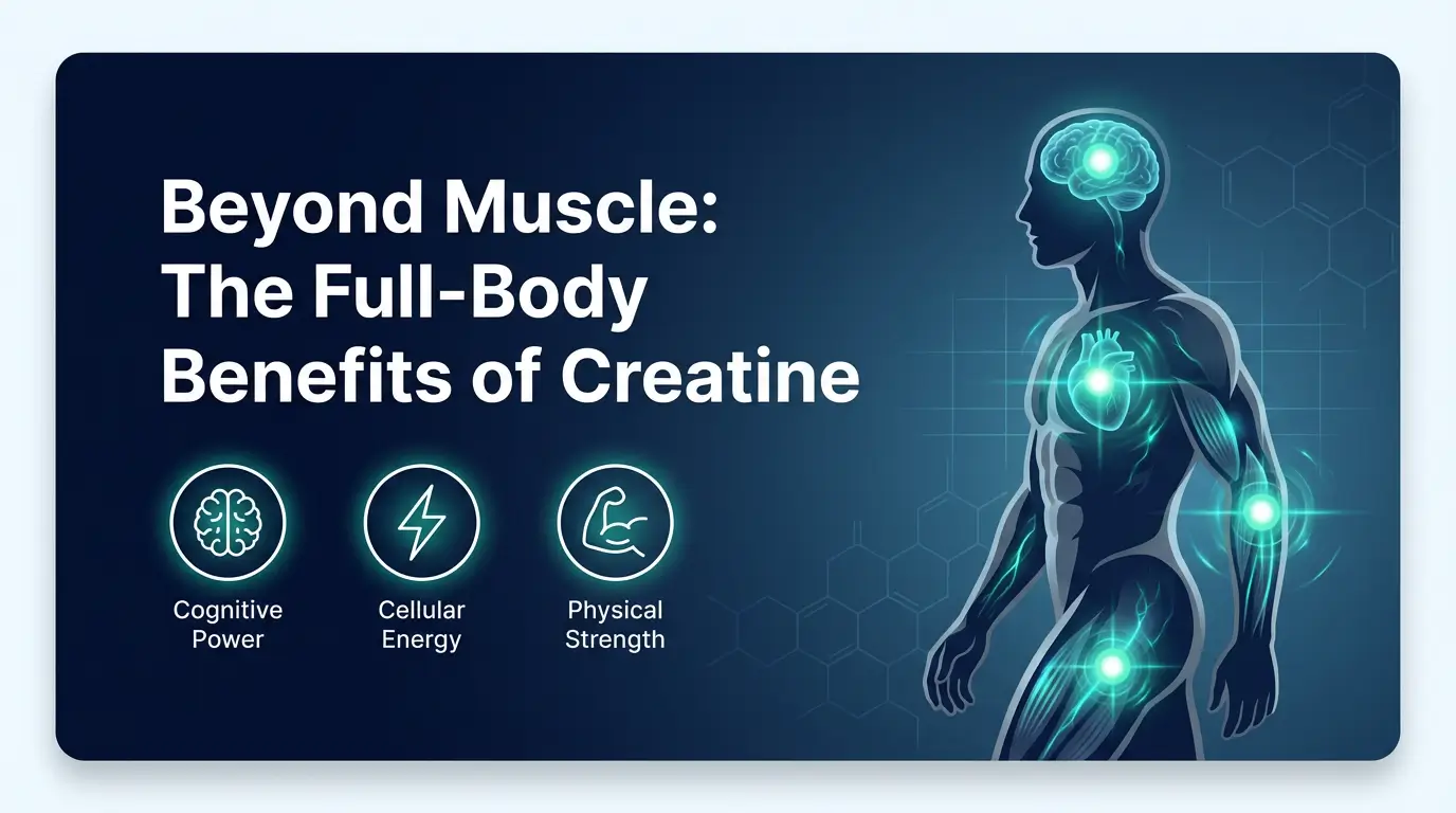 Infographic showing creatine benefits for brain cognitive function, cellular energy production, and muscle strength with illustrated human silhouette