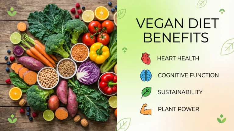 Colorful array of whole plant-based foods including vegetables, legumes, and fruits illustrating the health benefits of a vegan diet