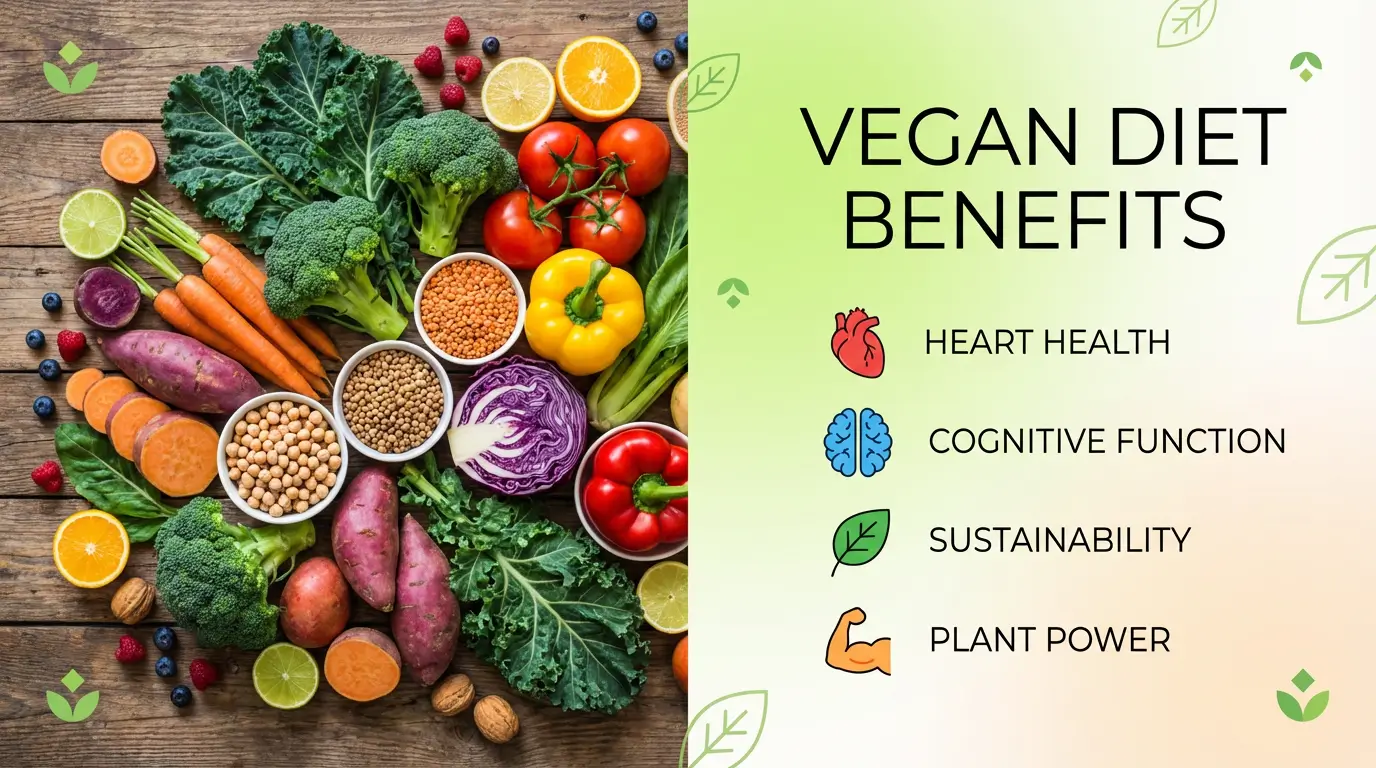 Colorful array of whole plant-based foods including vegetables, legumes, and fruits illustrating the health benefits of a vegan diet