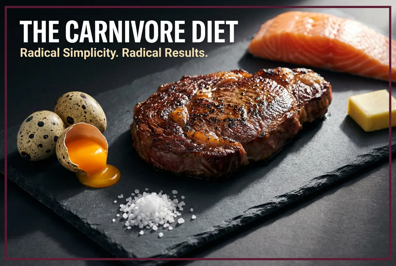 Carnivore diet featured image showing ribeye steak, eggs, butter, and salmon representing animal-based zero-carb nutrition