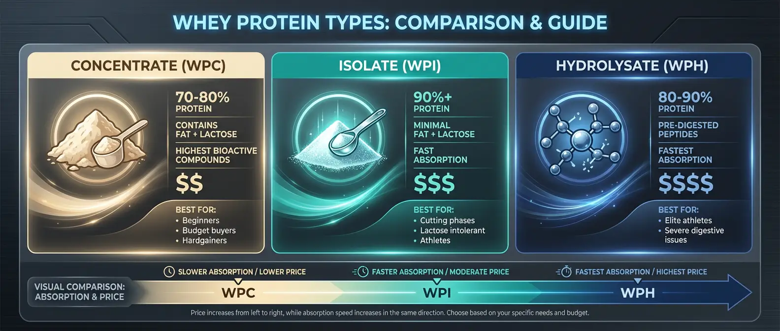 Comparison chart of three whey protein types showing concentrate at 70-80% protein, isolate at 90%+ protein, and hydrolysate with pre-digested peptides, with price and absorption speed indicators