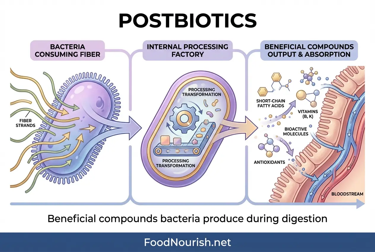 Educational diagram explaining postbiotics as beneficial compounds produced when bacteria digest fiber.