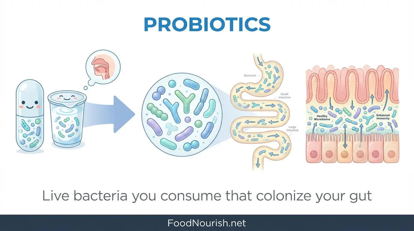  Educational diagram explaining probiotics as live bacteria that travel through digestion to colonize the gut