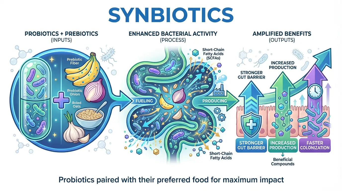Educational diagram explaining synbiotics as probiotics combined with prebiotics for enhanced effectiveness.
