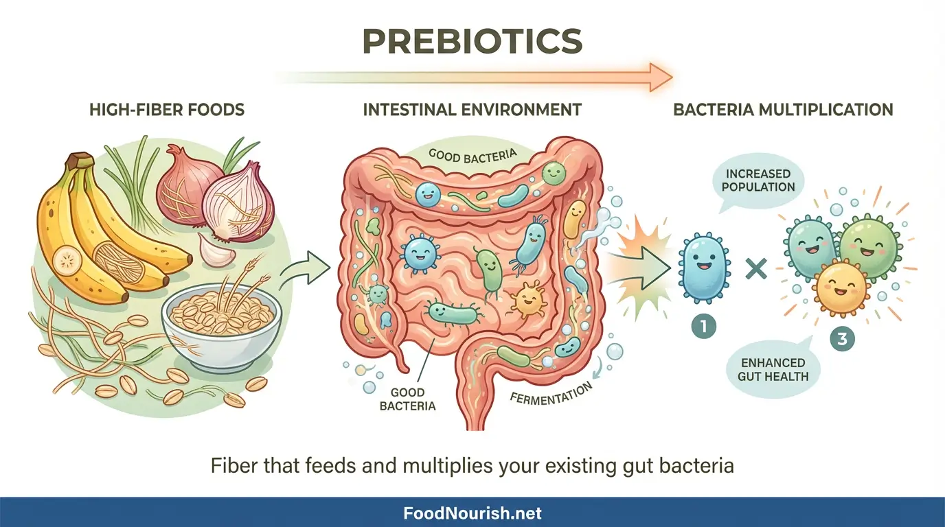 Educational diagram explaining prebiotics as fiber that feeds gut bacteria causing them to multiply