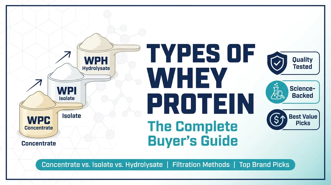 Featured image showing three types of whey protein powder in scoops representing concentrate, isolate, and hydrolysate, with text overlay reading Types of Whey Protein The Complete Buyer's Guide