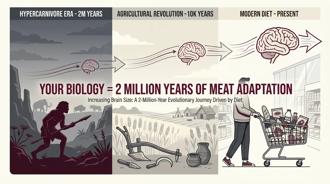 Human dietary evolution timeline showing 2 million years of carnivore adaptation versus 10,000 years of agriculture