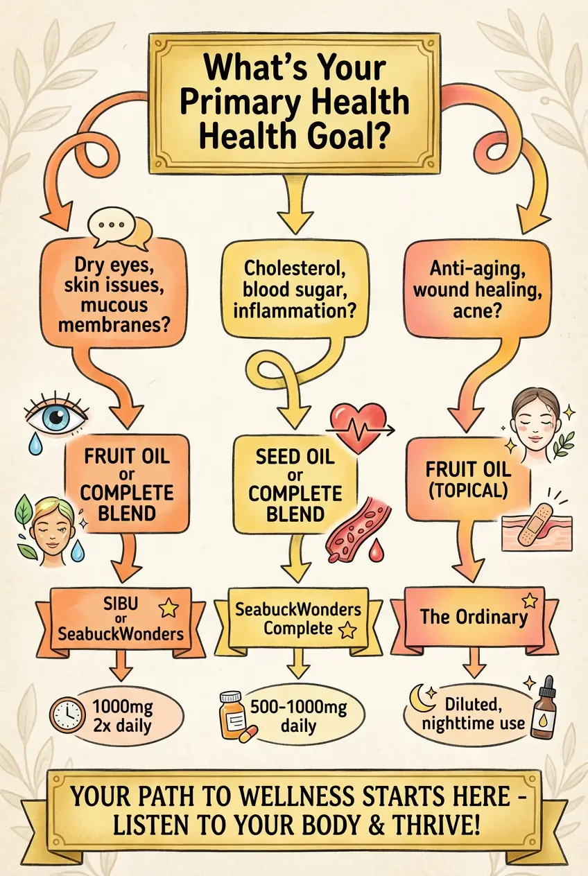 Decision tree flowchart for choosing sea buckthorn product: fruit oil for dry eyes and skin, seed oil for heart health, or complete blend for multiple benefits