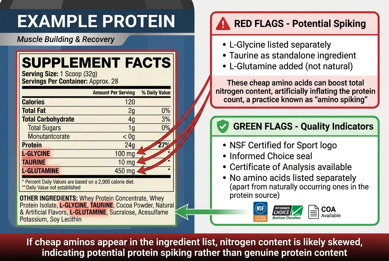 Annotated protein powder label showing red flag ingredients that indicate amino spiking including L-Glycine, Taurine, and L-Glutamine listed separately, plus green flag quality indicators like NSF certification