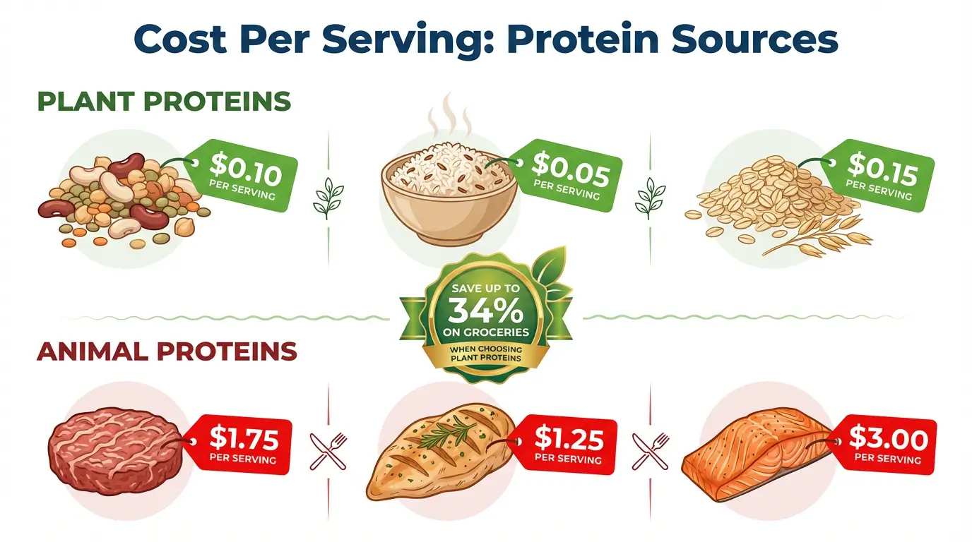 Price comparison chart showing plant proteins like beans and rice cost significantly less per serving than meat and fish