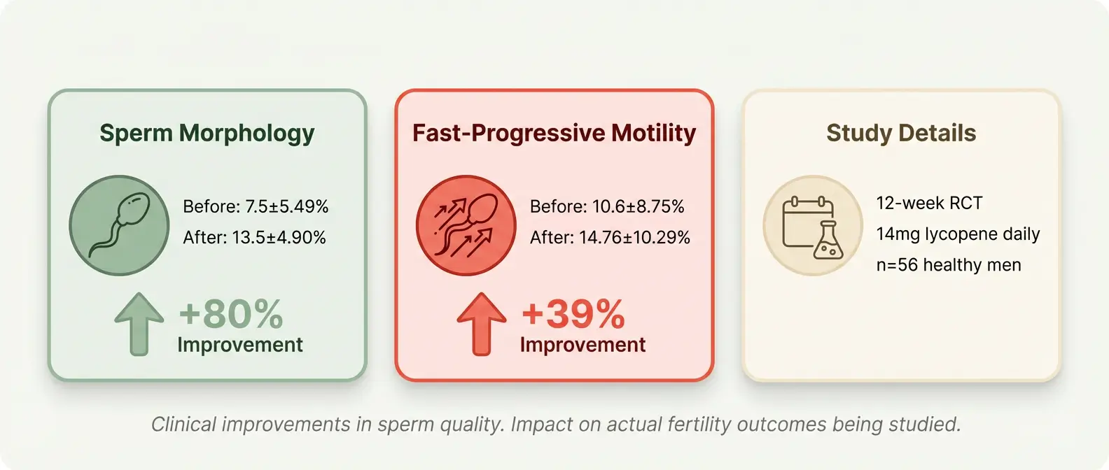 Three-card metric dashboard showing sperm health improvements from 12-week study: morphology improved 80% (7.5% to 13.5%), fast-progressive motility improved 39% (10.6% to 14.76%), study conducted with 56 men receiving 14mg daily lycopene supplementation.