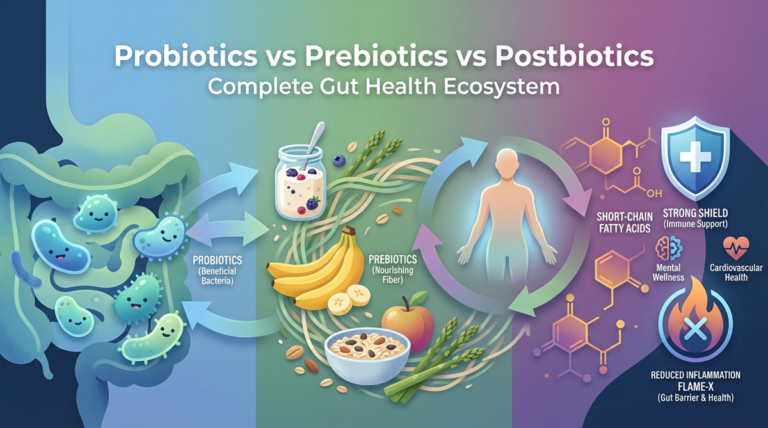 Comprehensive visual guide showing the relationship between probiotics, prebiotics, and postbiotics in the gut health ecosystem