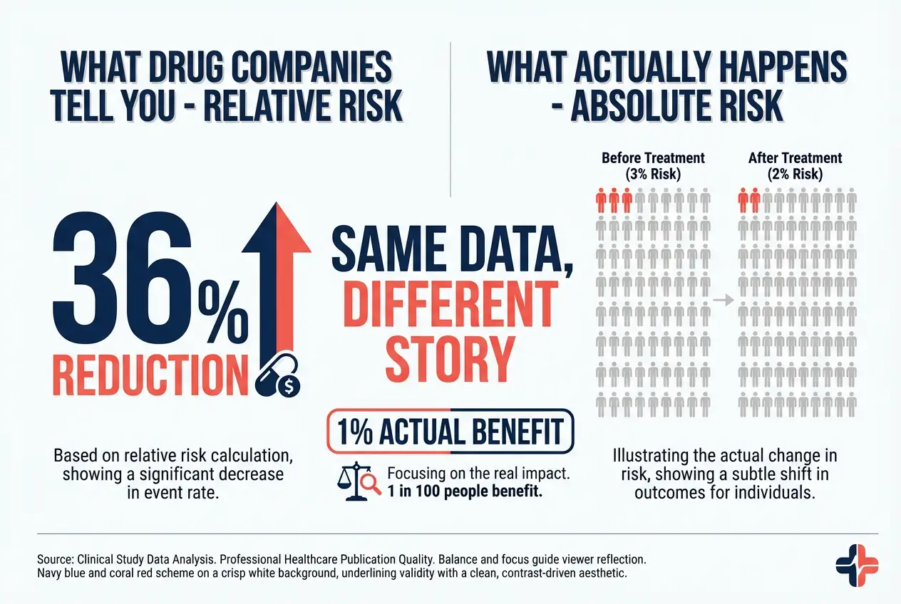 Comparison showing how 36% relative risk reduction translates to only 1% absolute risk reduction in statin drug trials