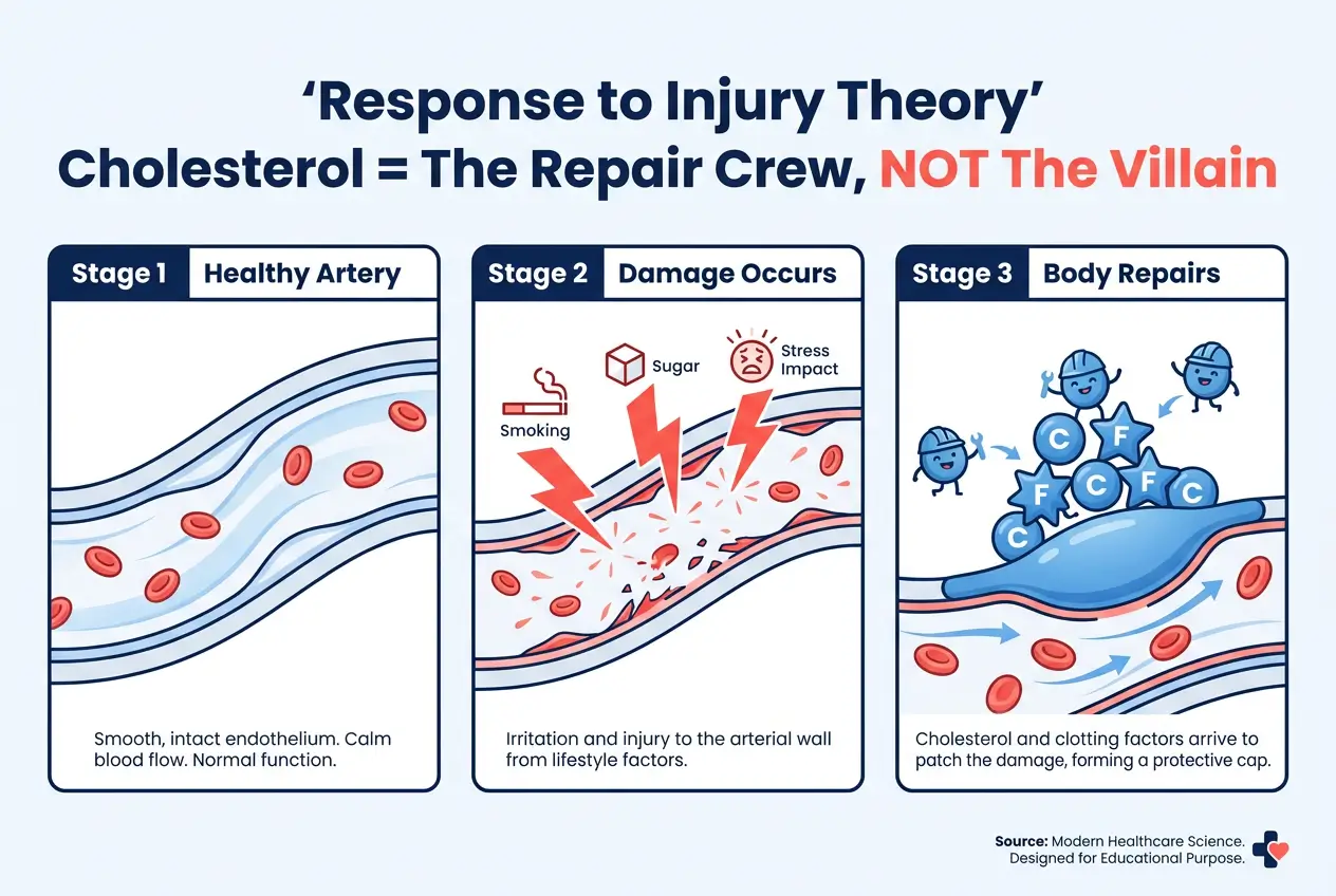 Diagram showing how arterial damage triggers cholesterol as a repair mechanism, not as the cause of plaque buildup
