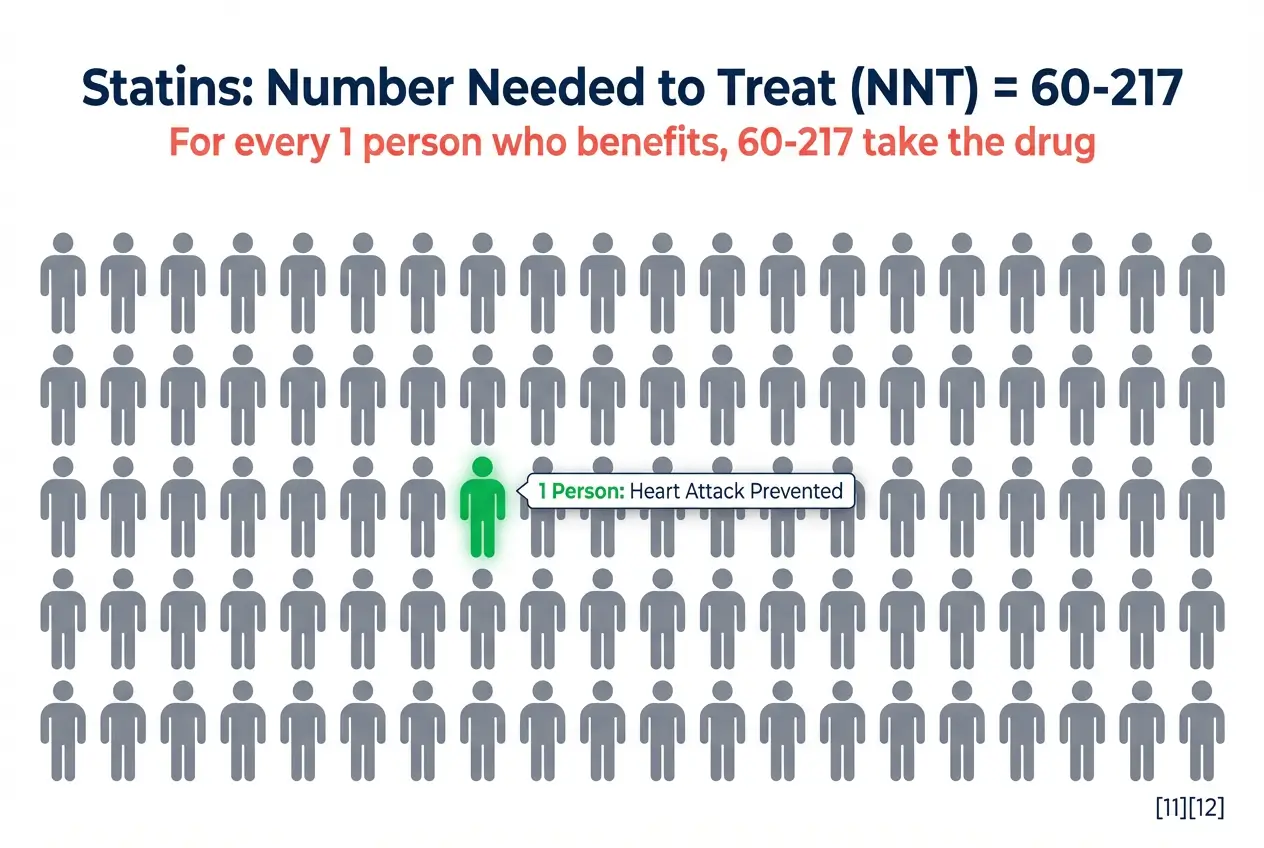 Visualization showing 60 to 217 people must take statins for 5 years for one person to avoid a non-fatal heart attack while others get side effects