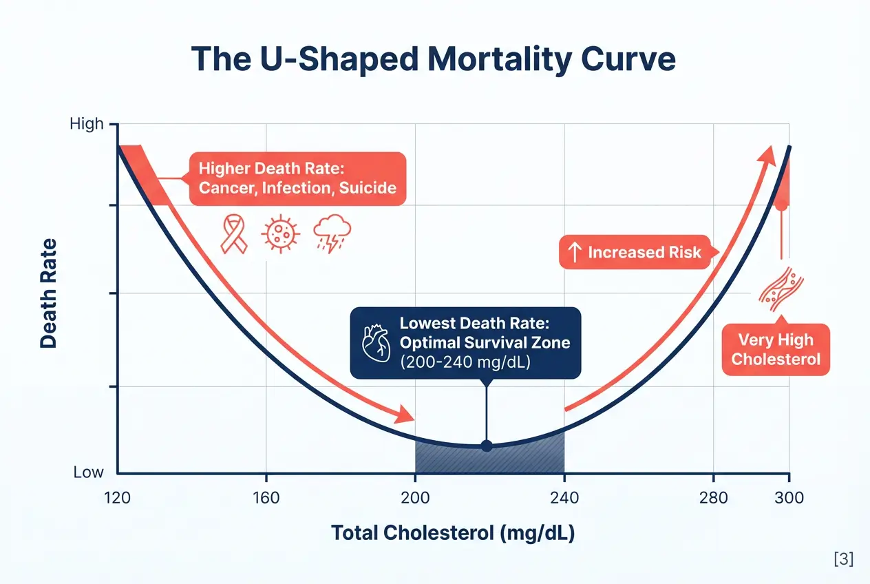 U-shaped mortality curve showing both very low and very high cholesterol increase death rates, with optimal survival at 200-240 mg/dL