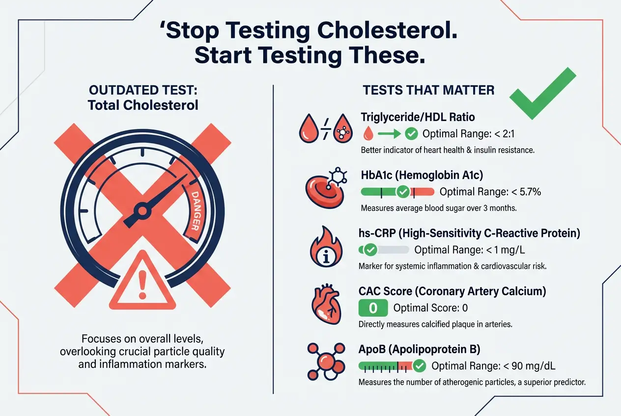 Comparison showing outdated total cholesterol test versus modern markers like triglyceride-HDL ratio, HbA1c, hs-CRP, CAC score, and ApoB"