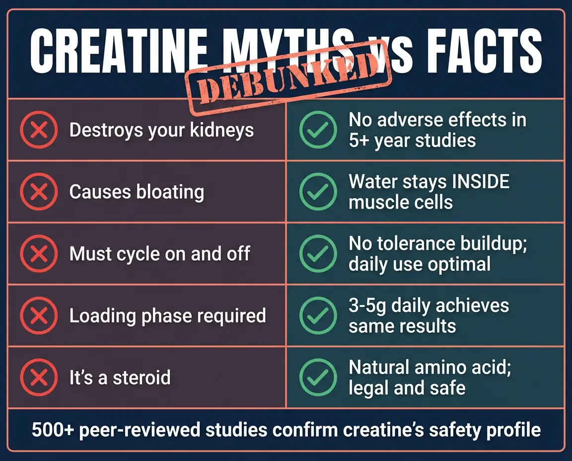 Infographic debunking five common creatine myths including kidney damage, bloating, cycling requirements, loading phases, and steroid classification with evidence-based facts
