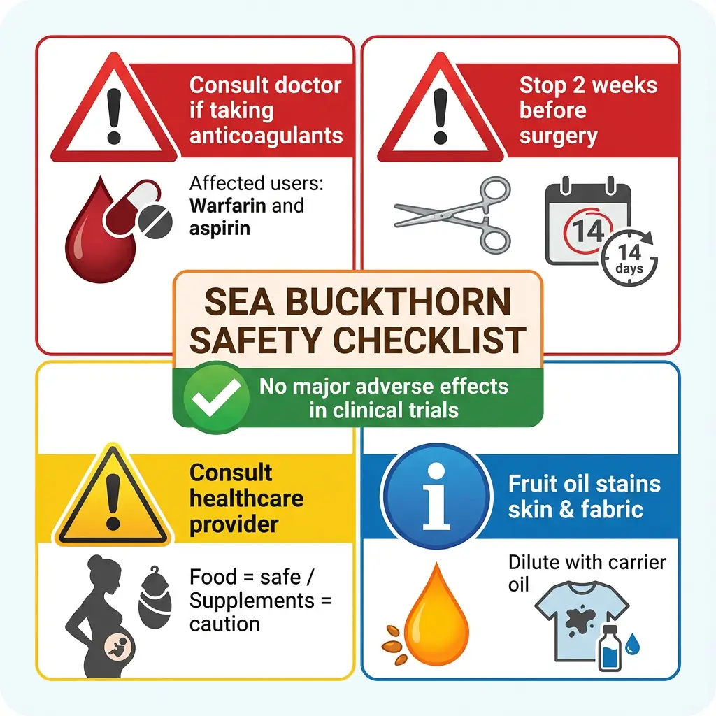 Sea buckthorn safety guide showing contraindications for blood thinners, surgery precautions, pregnancy considerations, and staining warnings