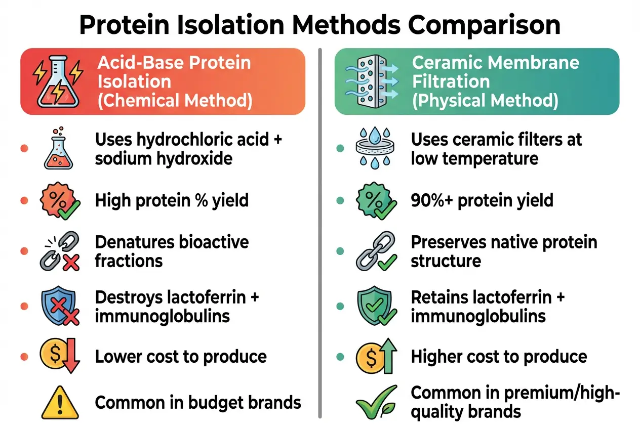 Side-by-side comparison of ion exchange and cross-flow micro-filtration methods for whey protein processing, showing ion exchange denatures proteins while cross-flow preserves bioactive fractions