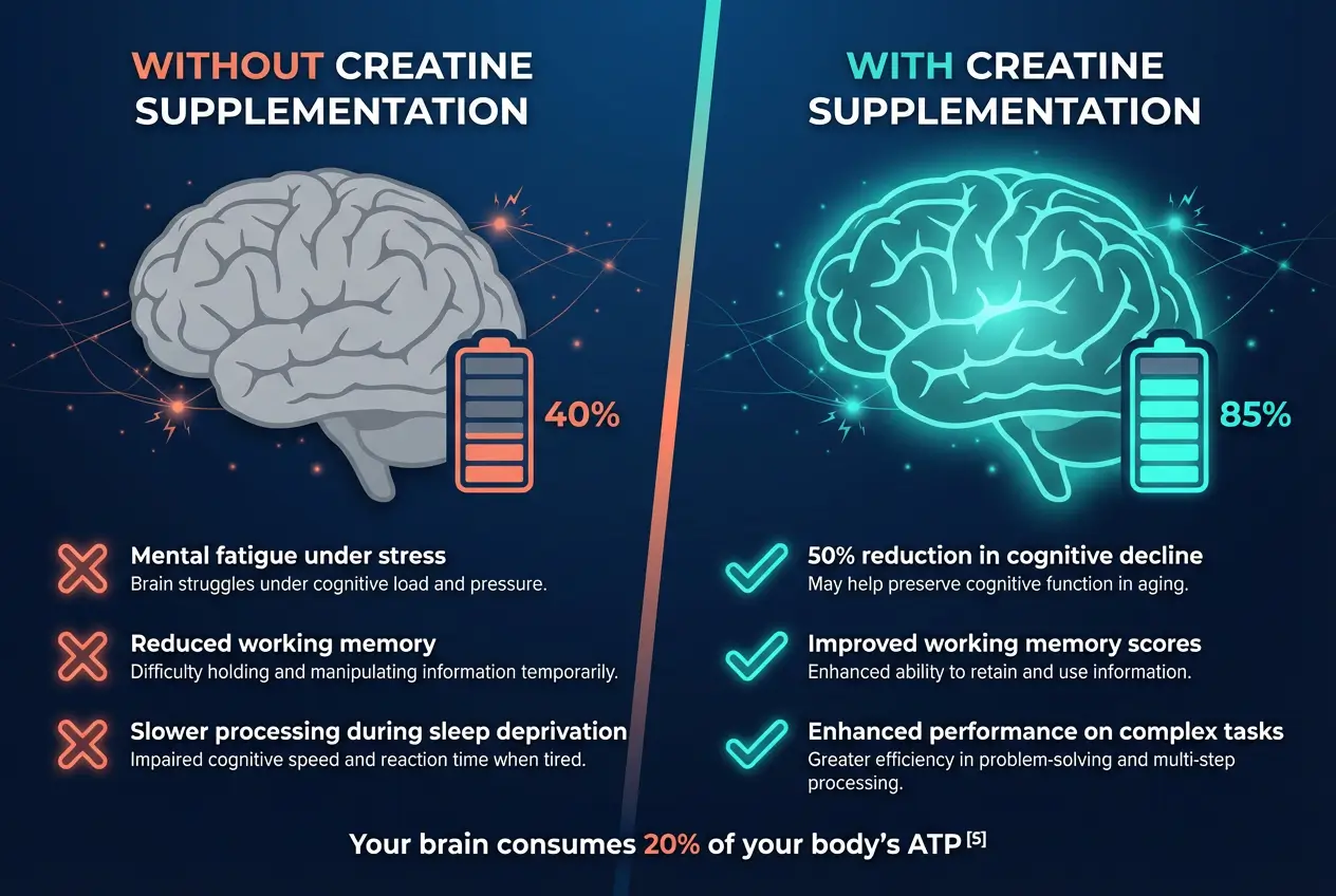 Split comparison infographic showing brain function without creatine supplementation versus with creatine, highlighting 50% reduction in cognitive decline from sleep deprivation