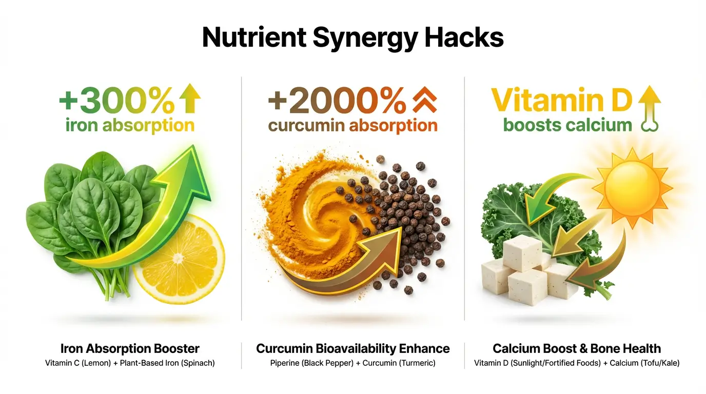 Three-panel infographic showing nutrient combinations that boost absorption: iron with vitamin C, turmeric with black pepper, calcium with vitamin D