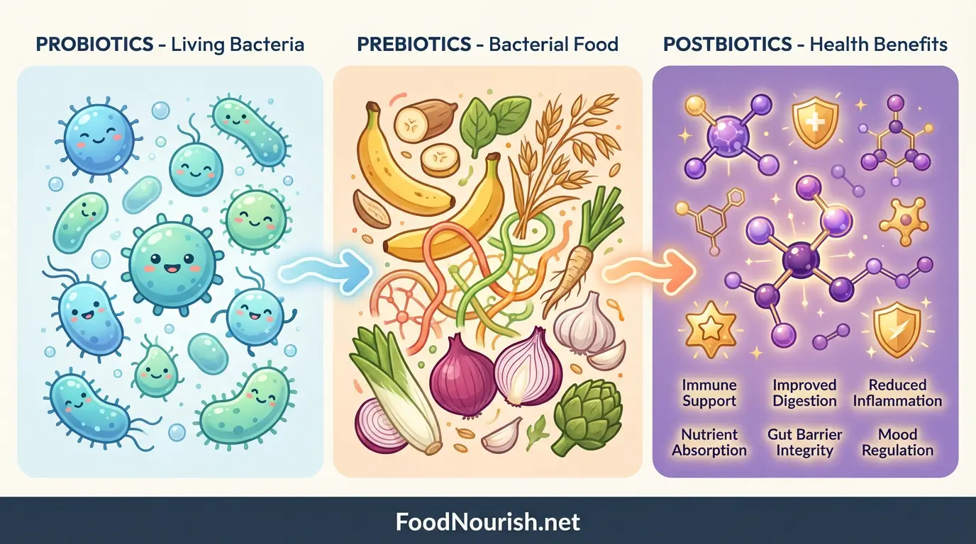 Infographic comparing probiotics, prebiotics, and postbiotics showing their relationship in gut health