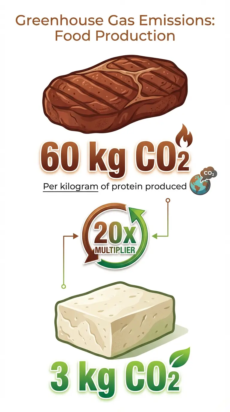 Infographic comparing greenhouse gas emissions showing beef produces 60kg CO2 versus tofu at 3kg CO2 per kilogram