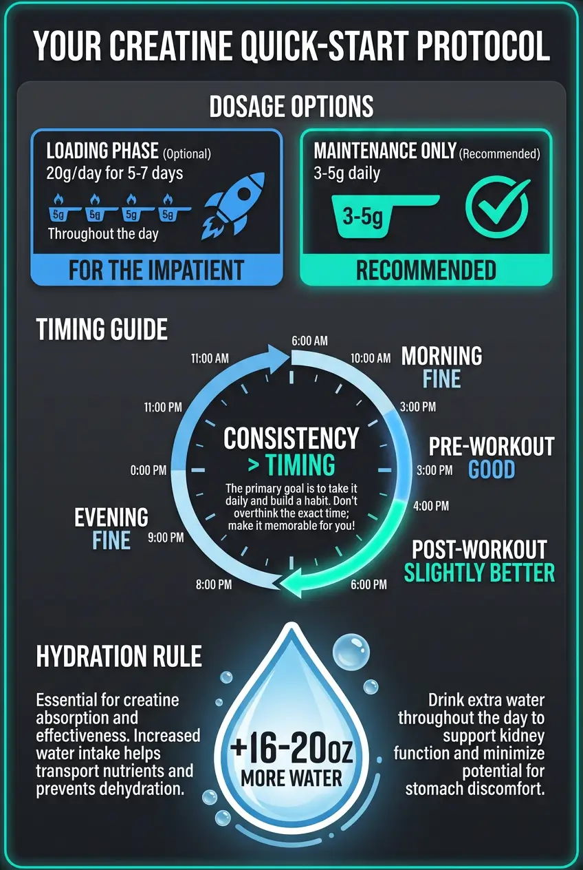 Infographic showing creatine dosage protocol with loading phase option of 20g per day for 5-7 days versus recommended maintenance dose of 3-5g daily, plus timing and hydration guidelines