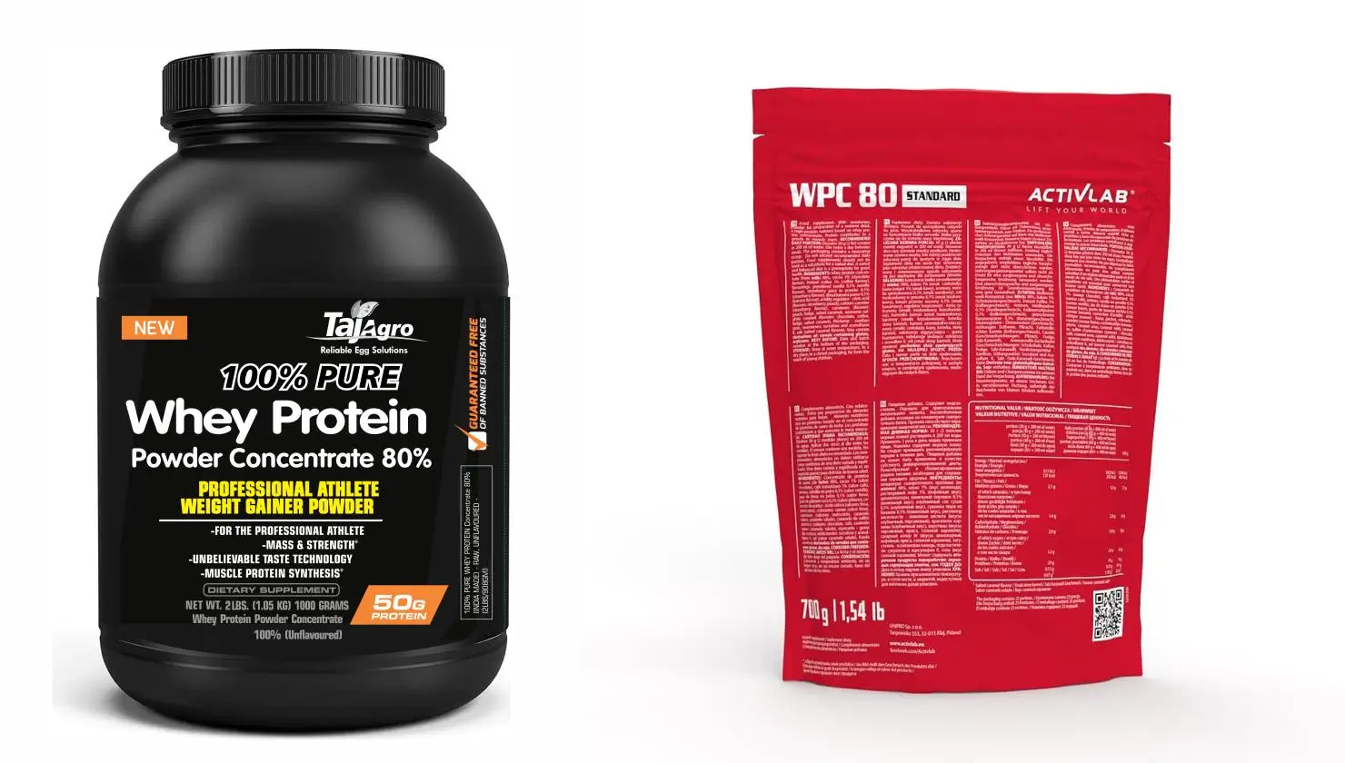 Two whey protein products side by side, one black container labeled Whey Protein Concentrate 80 percent and one red pouch labeled WPC 80.