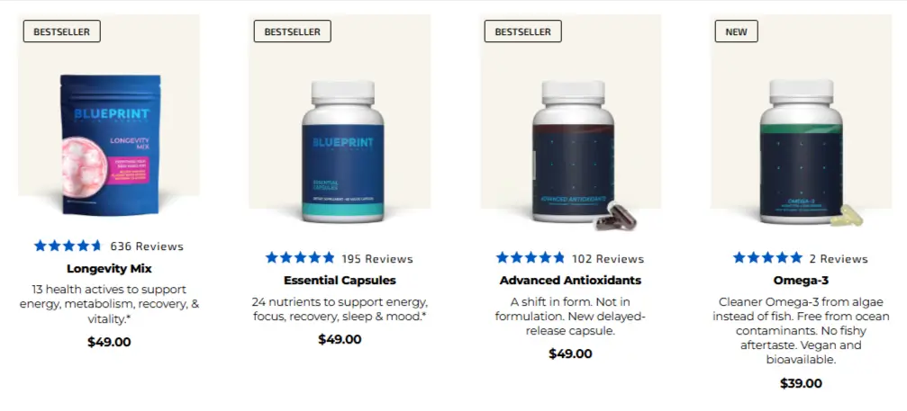 Screenshot form Blueprint's website showing various supplements.