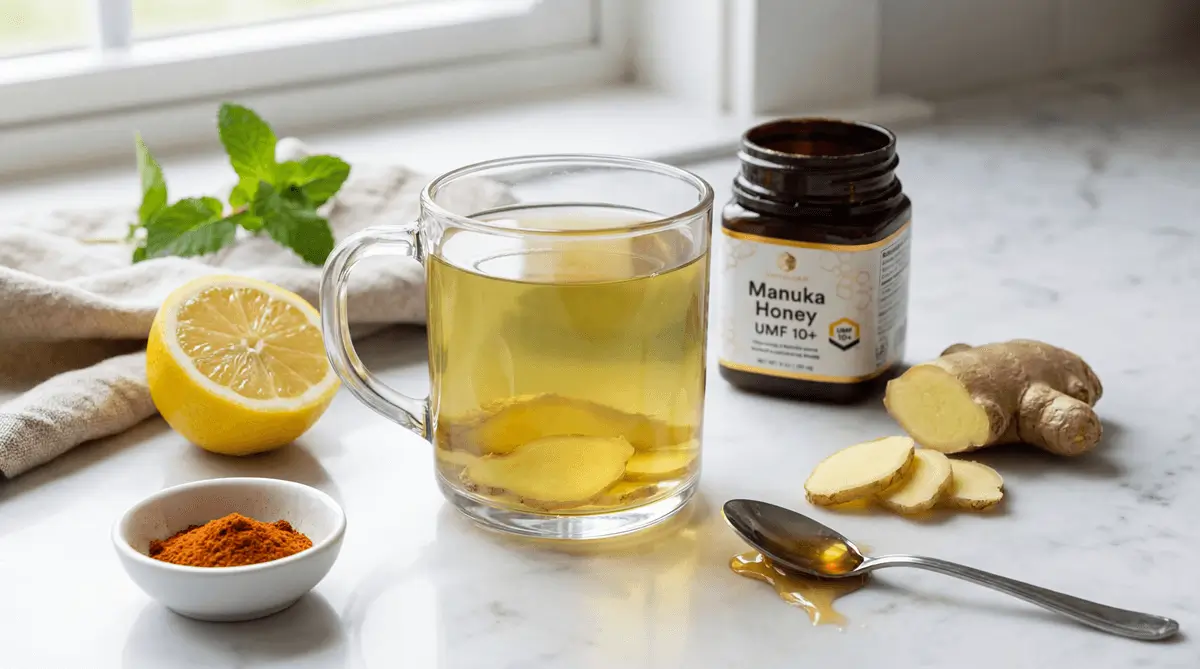 Healthy low-sugar Medicine Ball tea with fresh ginger, lemon, and Manuka honey on marble surface