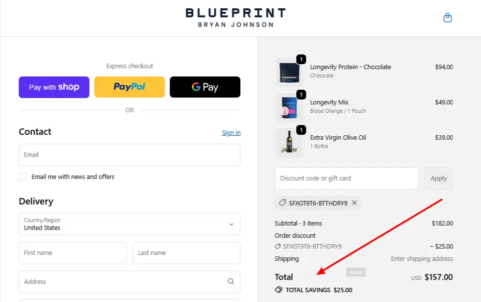 Blueprint Bryan Johnson Discount Code Screenshot from Checkout page.