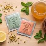 Two tea bags steeping together in a glass mug of golden Medicine Ball tea with steam rising