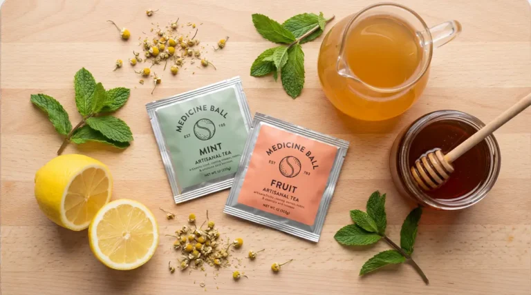 Two tea bags steeping together in a glass mug of golden Medicine Ball tea with steam rising