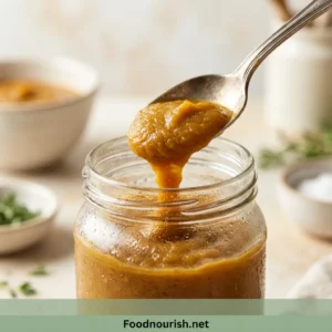 A spoon scooping soft frozen vegetable bouillon paste from a jar.