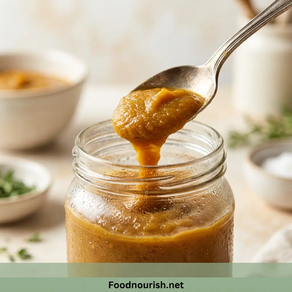 A spoon scooping soft frozen vegetable bouillon paste from a jar.