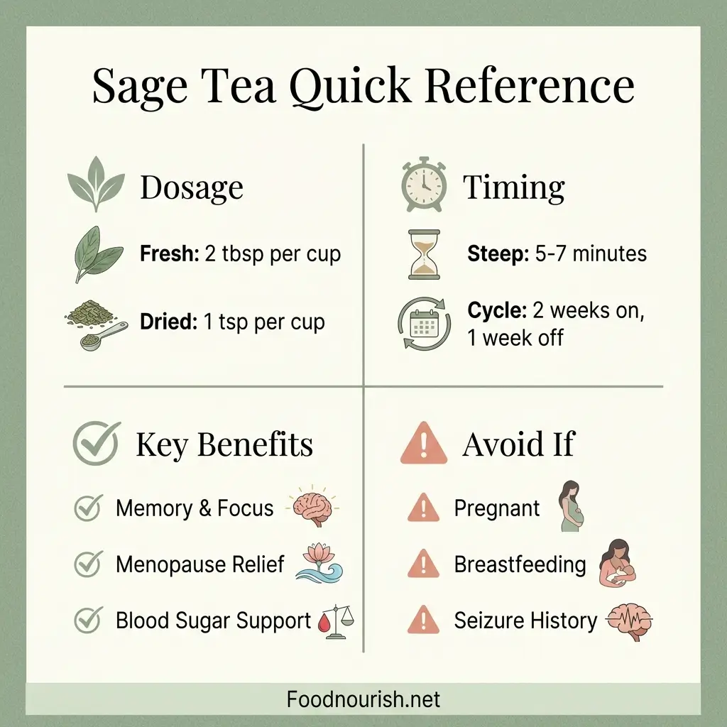 Sage tea quick reference card showing dosage of 1-2 tablespoons fresh or 1 teaspoon dried, steep time of 5-7 minutes, key benefits for memory and menopause, and safety warnings