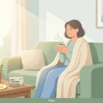 Person resting at home with natural respiratory infection remedies including honey, tea, and zinc lozenges on a side table