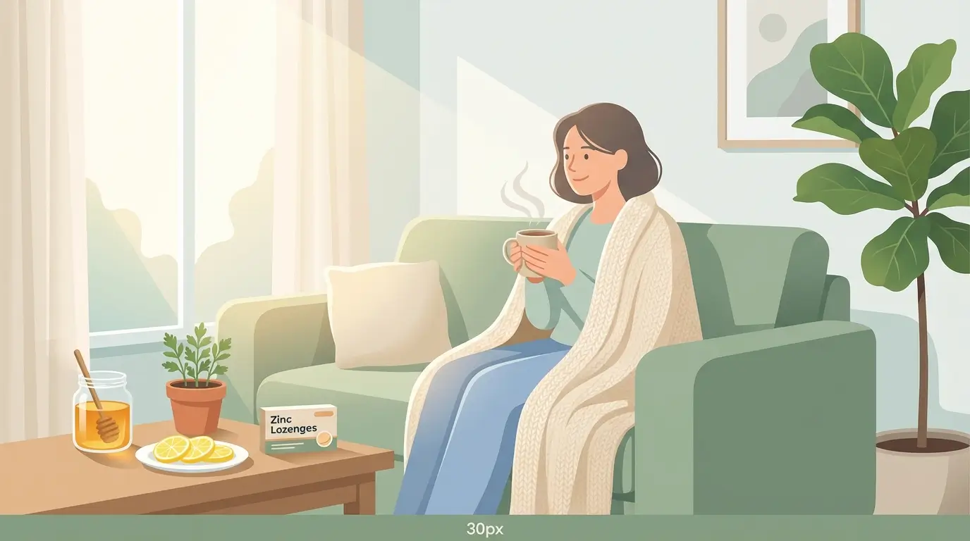 Person resting at home with natural respiratory infection remedies including honey, tea, and zinc lozenges on a side table