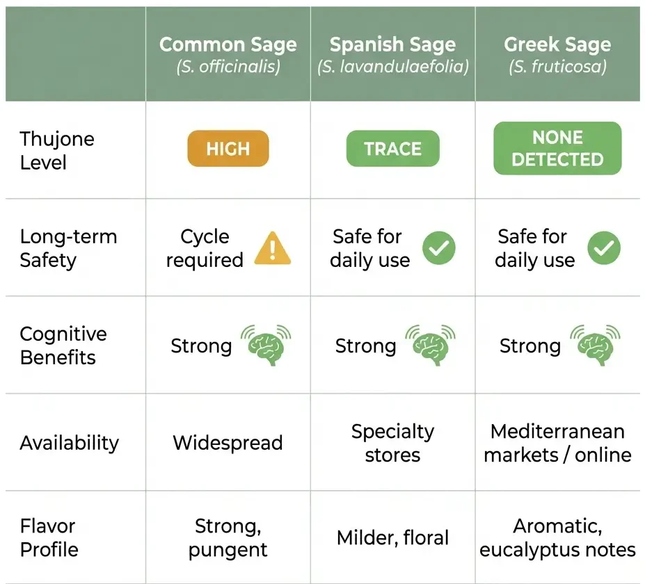 Comparison table of three sage tea varieties showing thujone levels, safety profiles, cognitive benefits, availability, and flavor for common sage, Spanish sage, and Greek sage