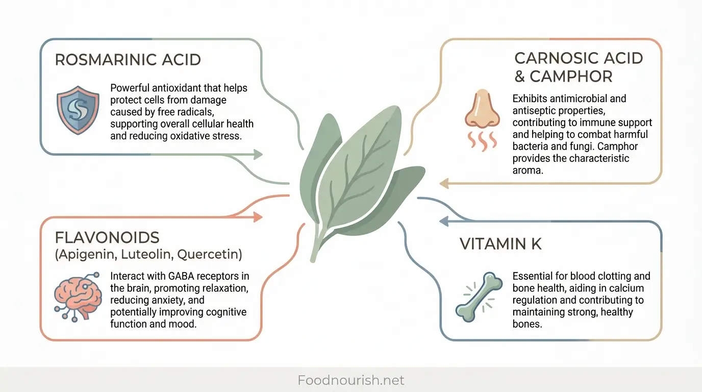 Infographic showing four key bioactive compounds in sage tea: rosmarinic acid, carnosic acid, vitamin K, and flavonoids