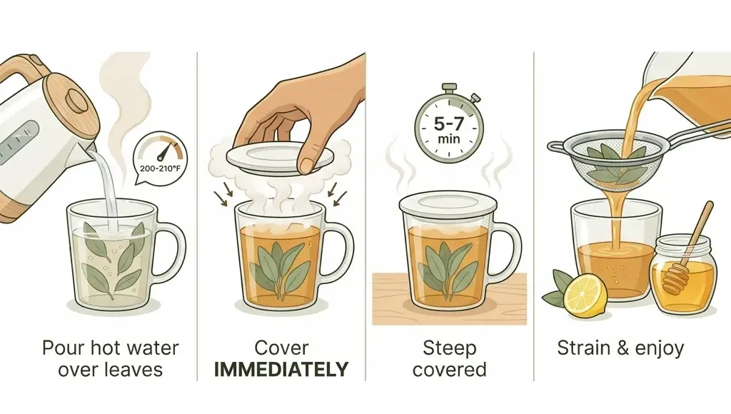 Four-step brewing guide for medicinal sage tea: pour hot water at 200-210°F, cover immediately, steep 5-7 minutes covered, strain and serve with optional lemon or honey