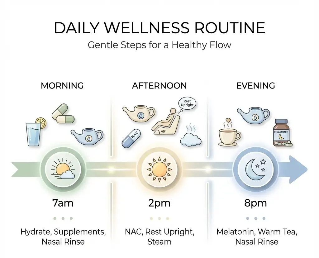 24-hour recovery timeline showing morning supplements and hydration, afternoon NAC and rest, evening honey and humidifier routine