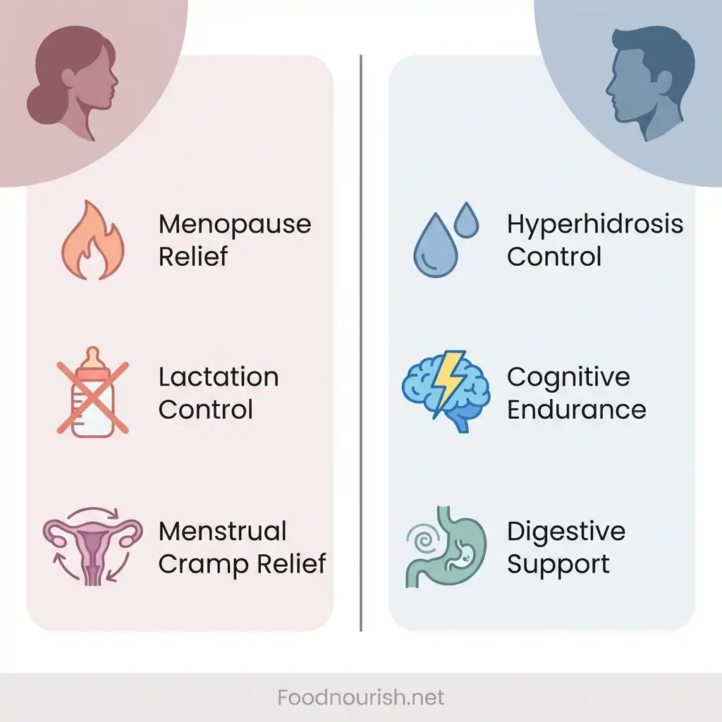 Comparison graphic showing sage tea benefits for women including menopause relief and lactation control versus benefits for men including hyperhidrosis control and cognitive endurance