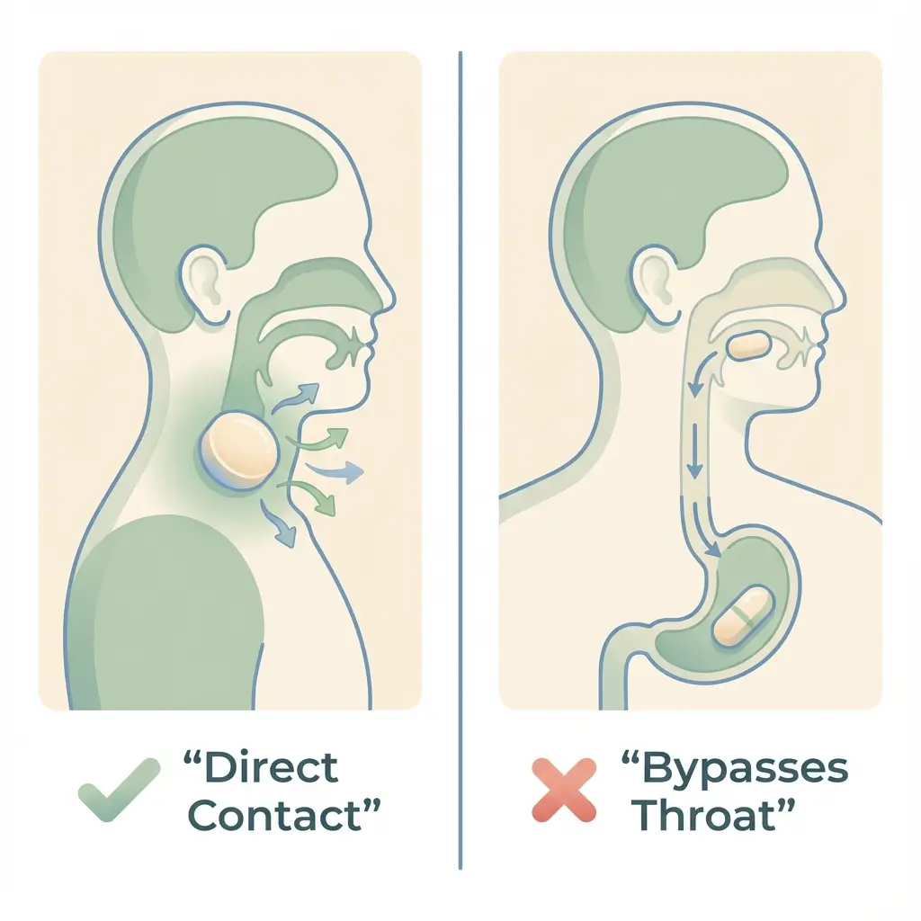 Comparison showing zinc lozenge delivering zinc directly to throat tissues versus zinc pill bypassing throat and going to stomach