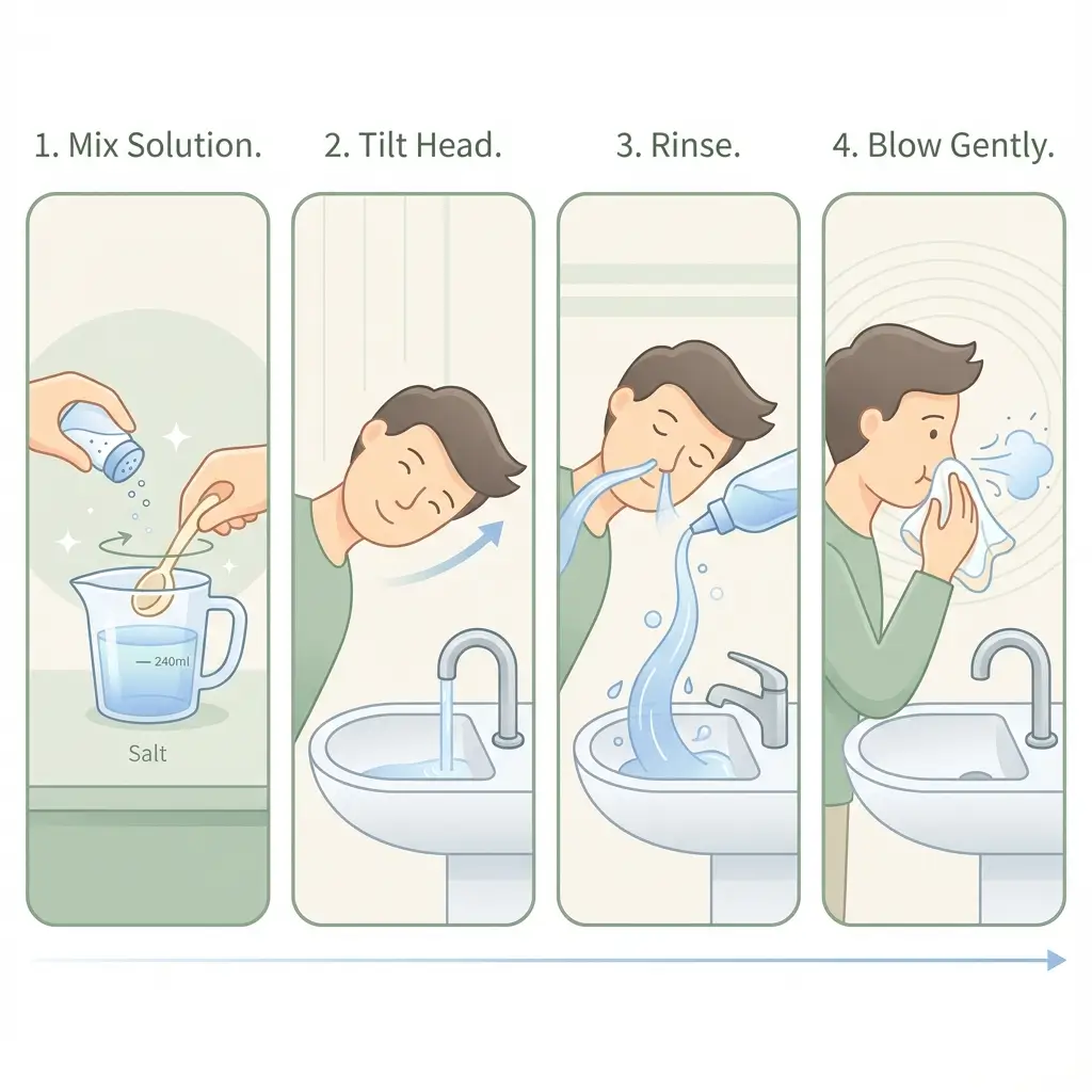 Four-step illustration showing proper nasal irrigation technique: mixing solution, tilting head, rinsing, and clearing nasal passages