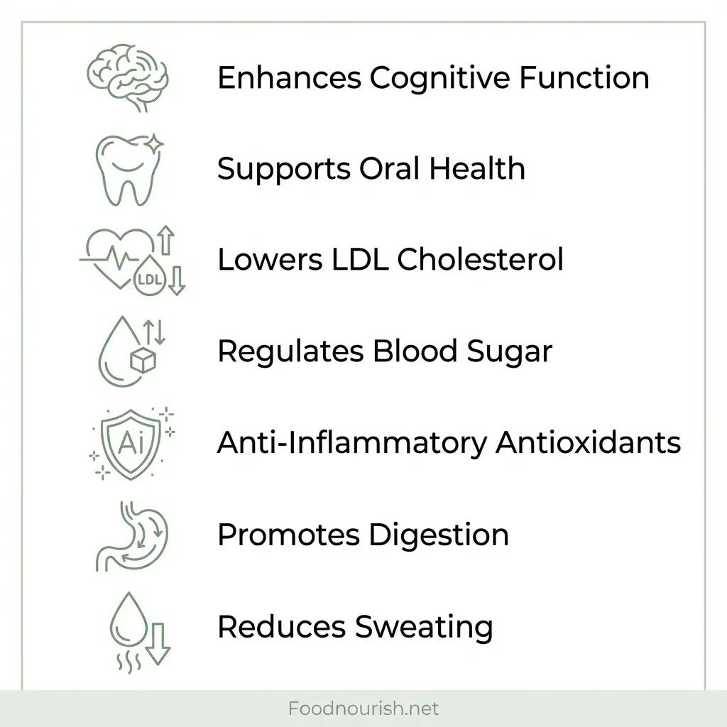 Chart listing seven science-backed health benefits of sage tea including cognitive function, oral health, cholesterol, blood sugar, antioxidants, digestion, and sweating reduction